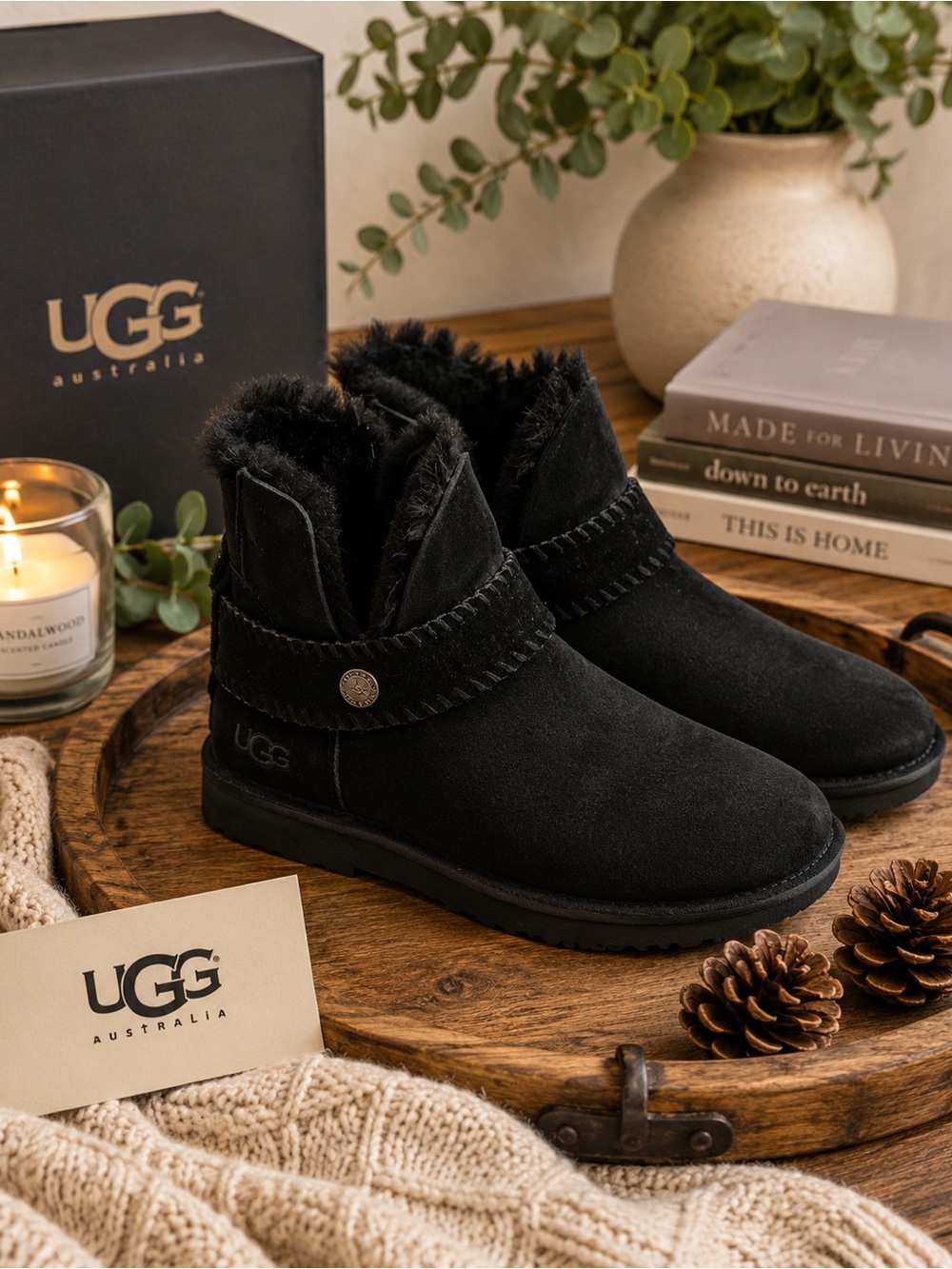 UGG Women's Black Suede and Sheep Fur-Lined Short Boots Size 7